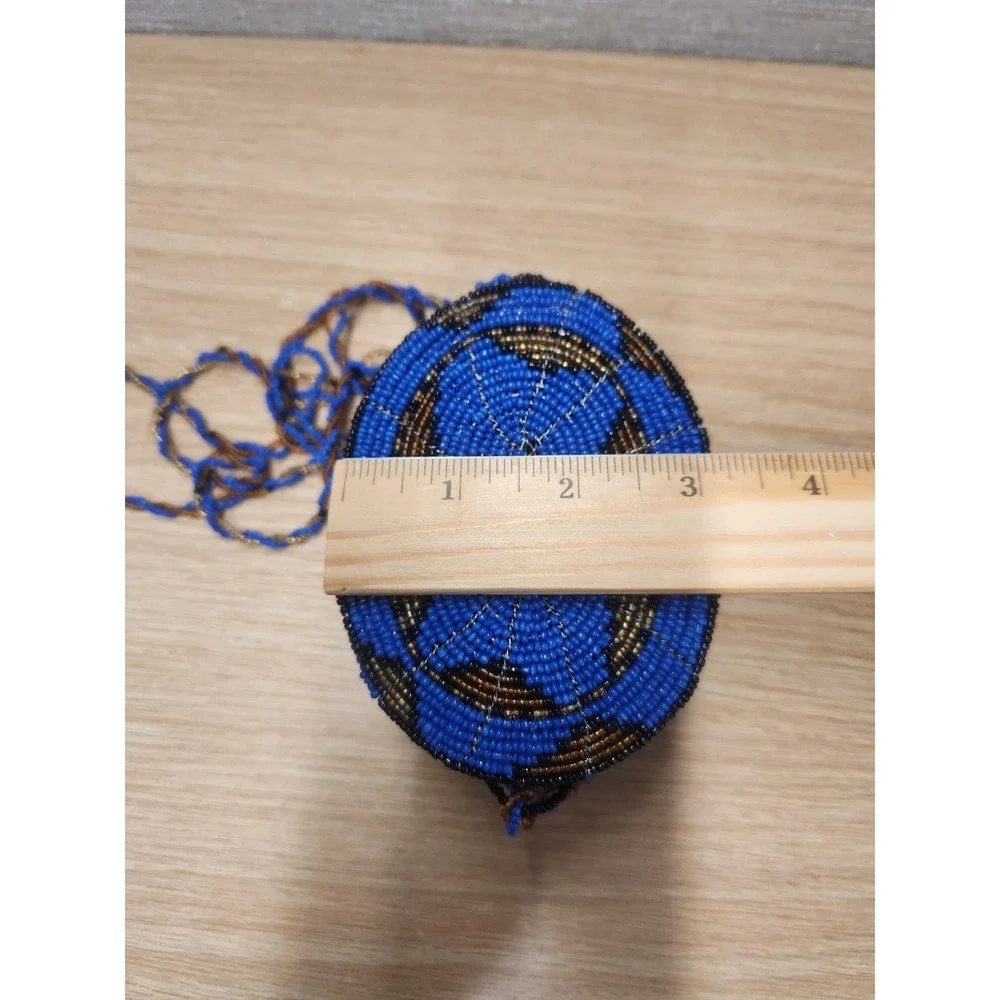 Vintage Seed Bead Hand Beaded Wire Hanging Trinket Box‎ Purse Lidded Blue Gold